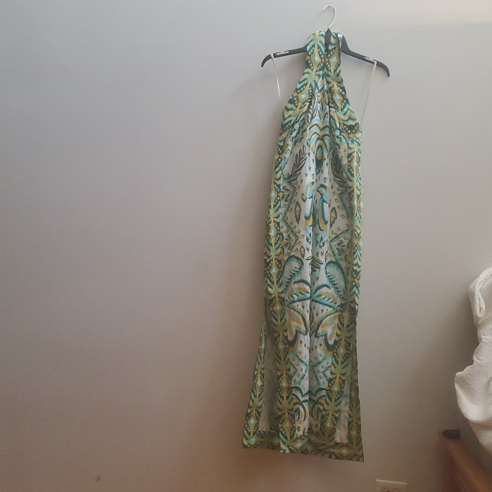 FARM RIO HALTER NECK TROPICAL LINEN MAXI SUNDRESS IN GREEN / SIZE:LARGE - Picture 11 of 16